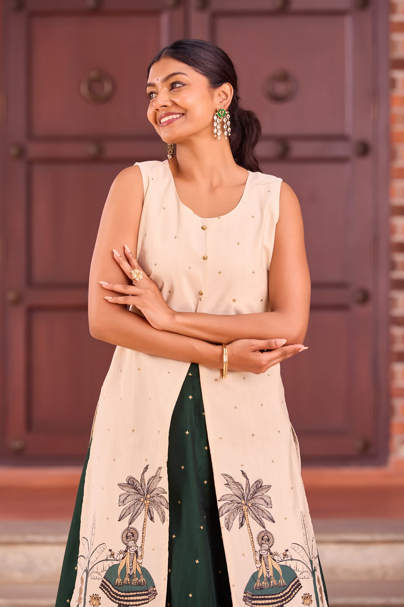 Off-White Printed Knee-Length Top & Bottle Green Floral Skirt Set