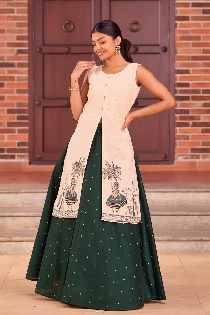 Off-White Printed Knee-Length Top & Bottle Green Floral Skirt Set