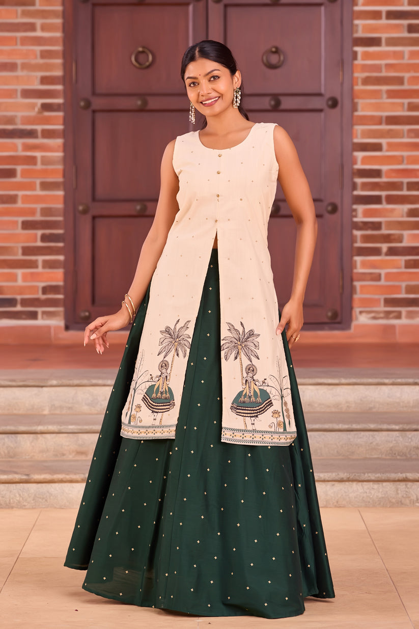Off-White Printed Knee-Length Top & Bottle Green Floral Skirt Set