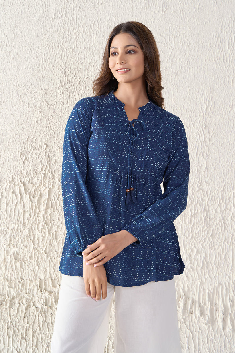 Indigo Cotton Tunic with Front Tie-up