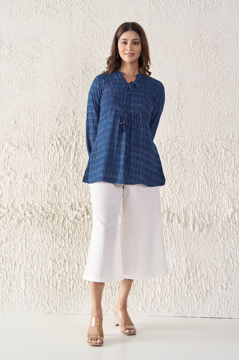 Indigo Cotton Tunic with Front Tie-up