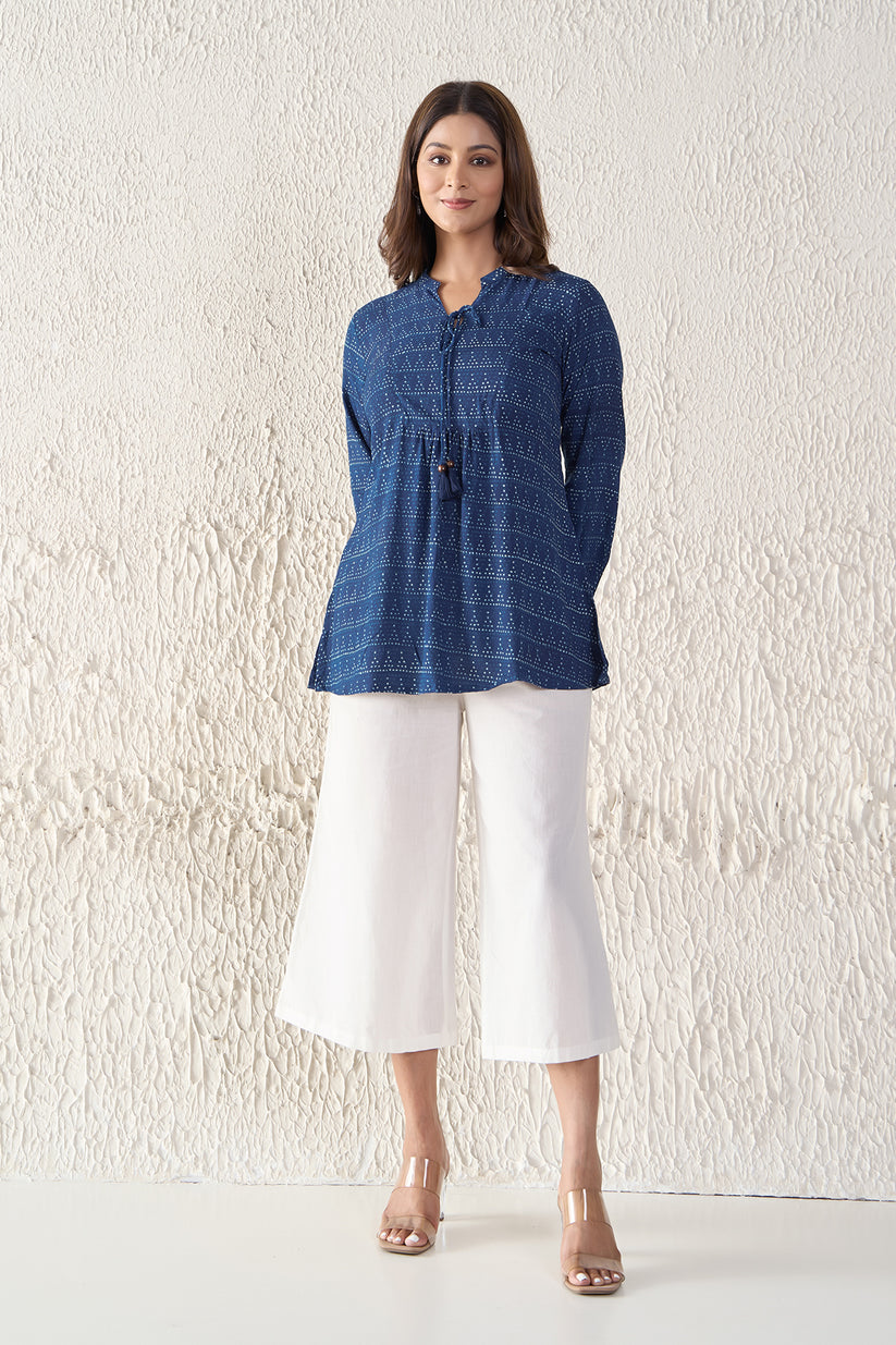 Indigo Cotton Tunic with Front Tie-up