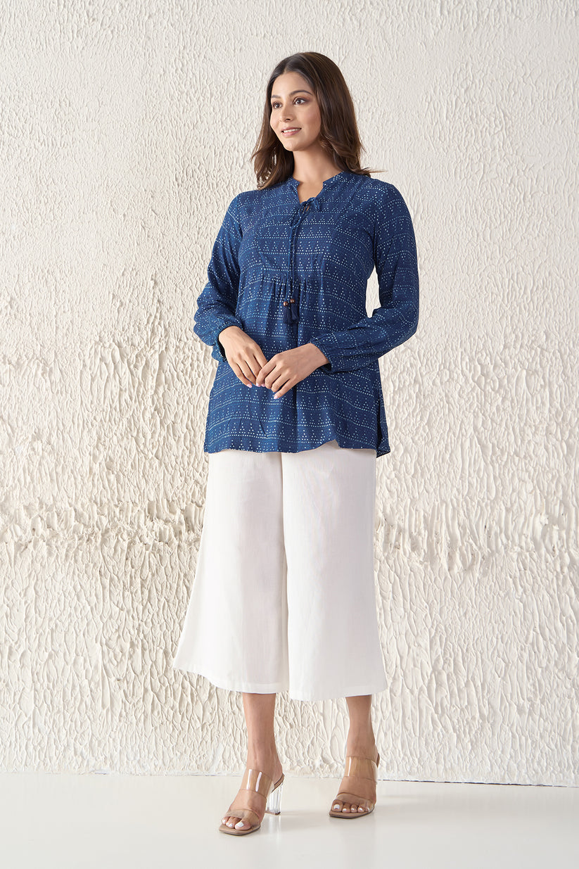 Indigo Cotton Tunic with Front Tie-up