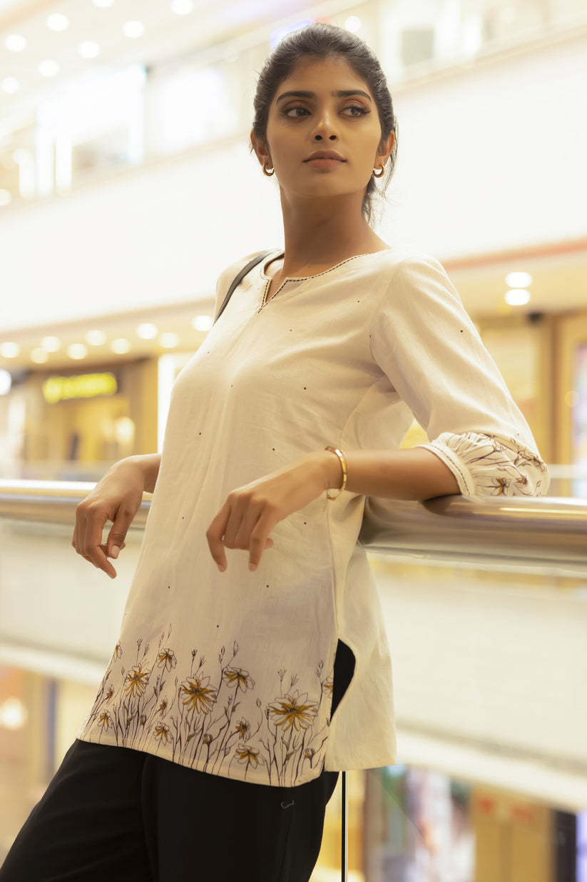 Floral Line Printed Off - White Tunic
