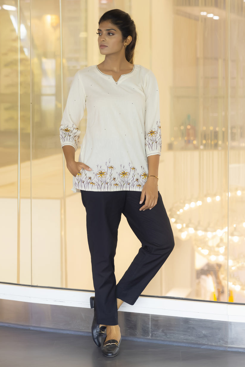 Floral Line Printed Off - White Tunic