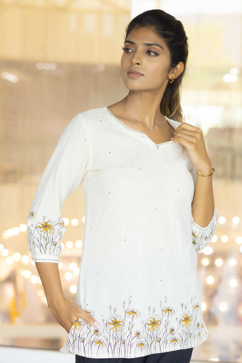 Floral Line Printed Off - White Tunic