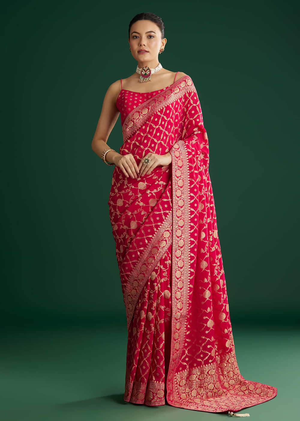 Rani Pink Woven Saree With Jaal Work And Floral Border