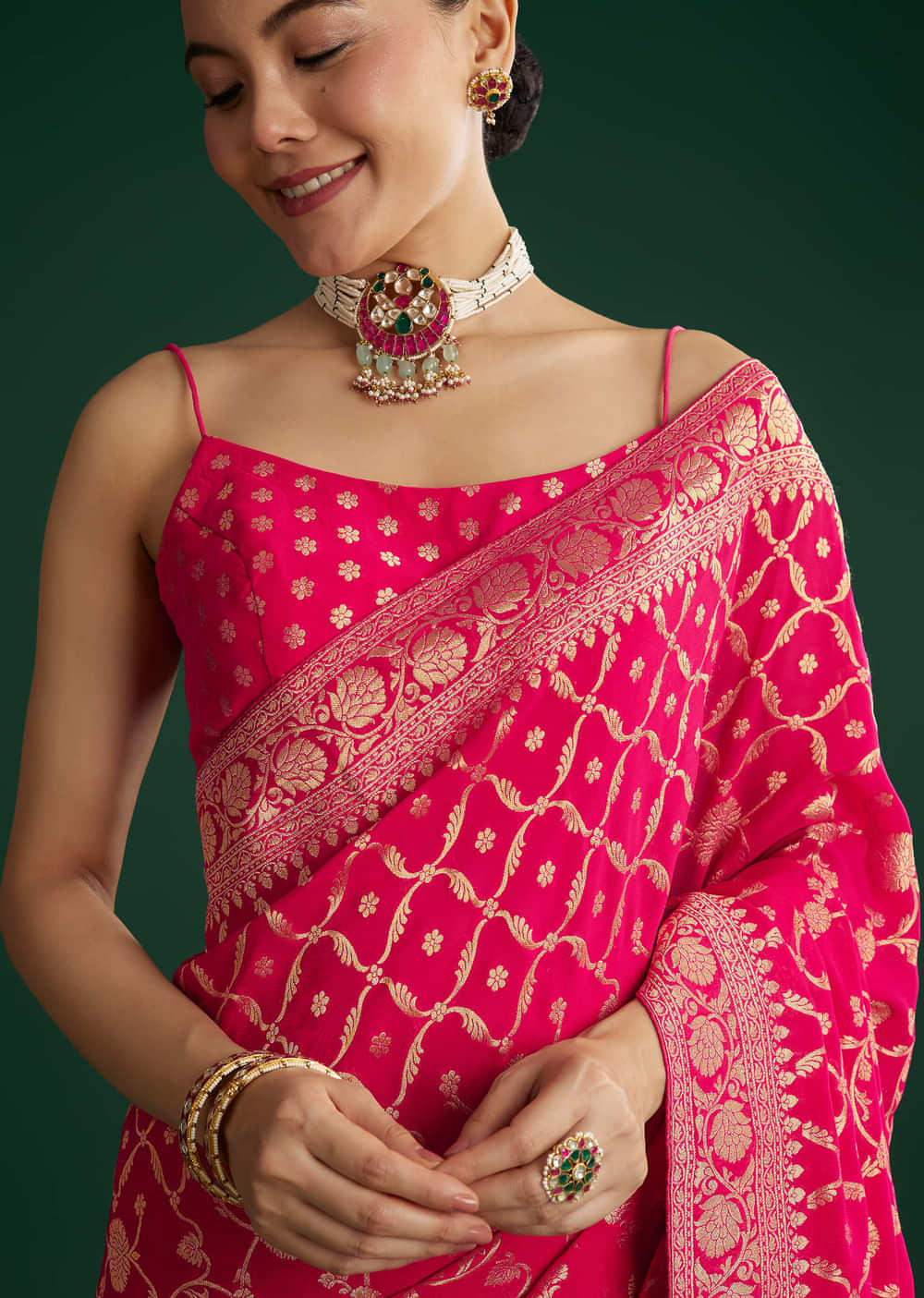 Rani Pink Woven Saree With Jaal Work And Floral Border