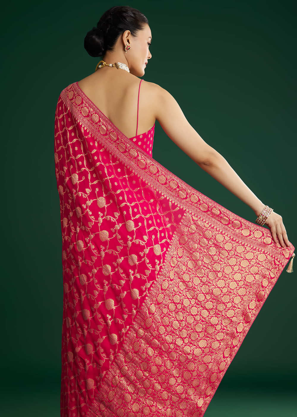 Rani Pink Woven Saree With Jaal Work And Floral Border