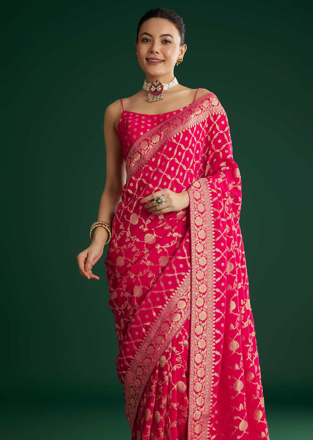 Rani Pink Woven Saree With Jaal Work And Floral Border