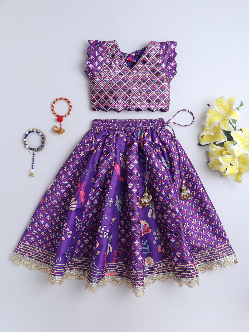 Purple Geometric & Floral Printed Lehenga Choli Set for Girls
