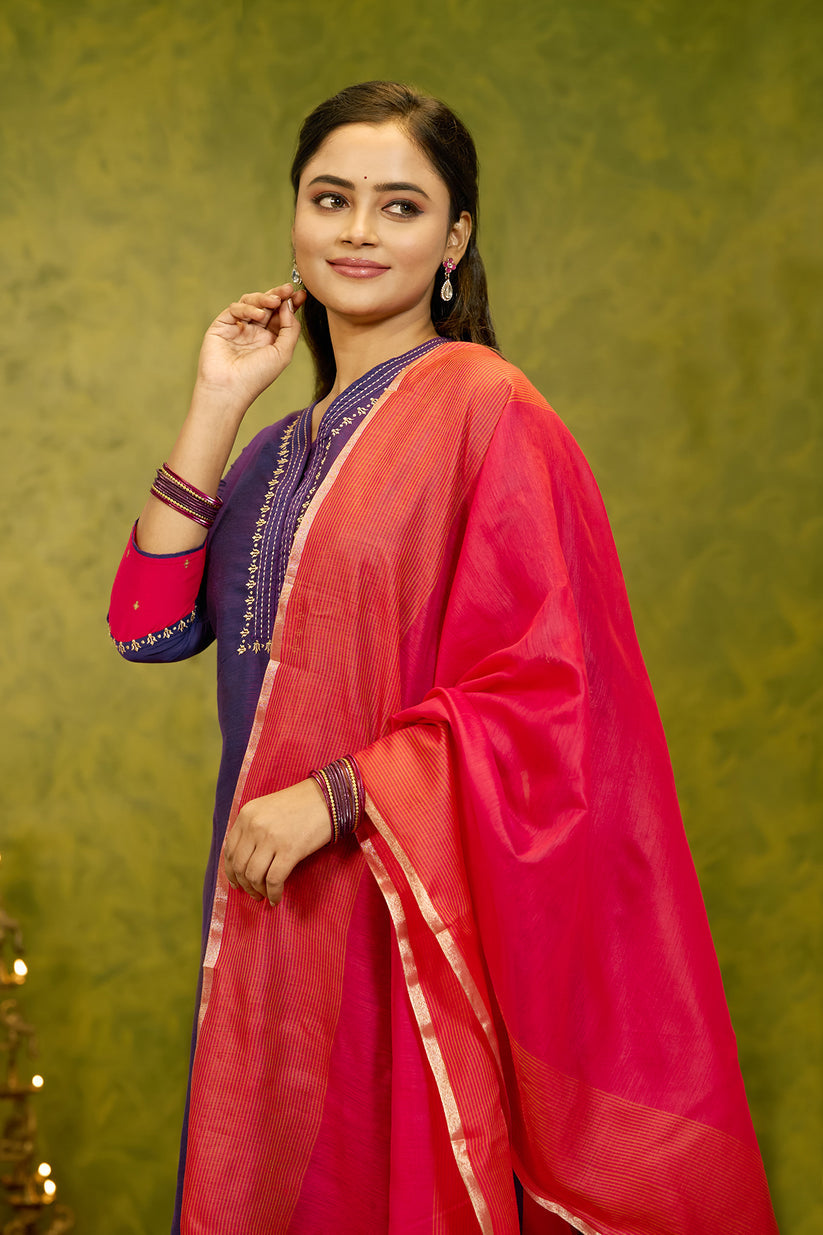 Floral Embroidered Kurtaset with Striped Dupatta - Purple & Coral