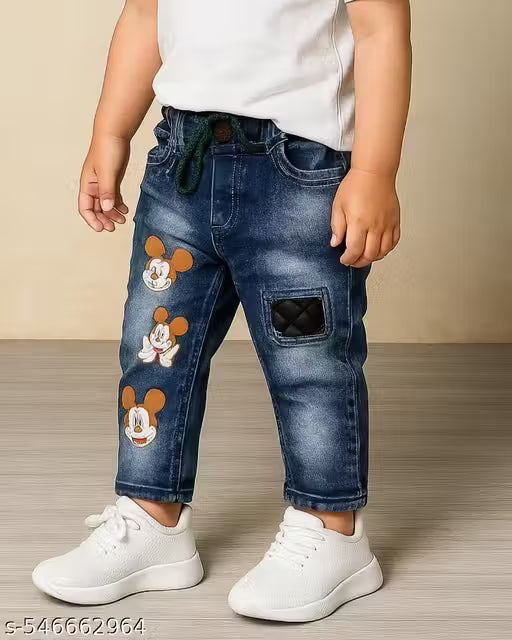 Boys' Blue Denim Jeans with Mickey Mouse Print & Patchwork – Casual Wear