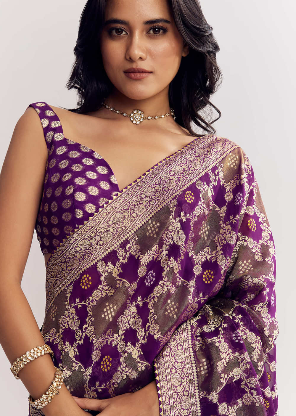 Purple Shaded Georgette Saree With Zari Jaal Work