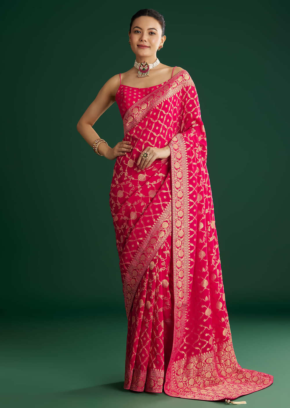 Rani Pink Woven Saree With Jaal Work And Floral Border