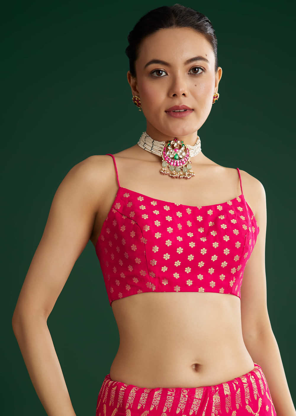 Rani Pink Woven Saree With Jaal Work And Floral Border